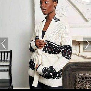 La Ligne Marilyn Cardigan‎ Sweater cream Black Fair Isle Sweater size Large